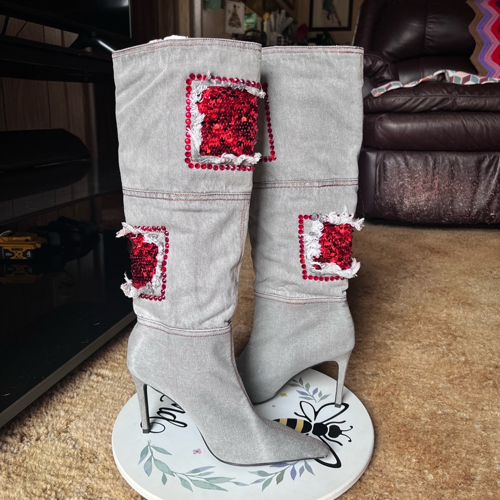 Woman’s multi-color red stone denim pointy toe knee-high boots.